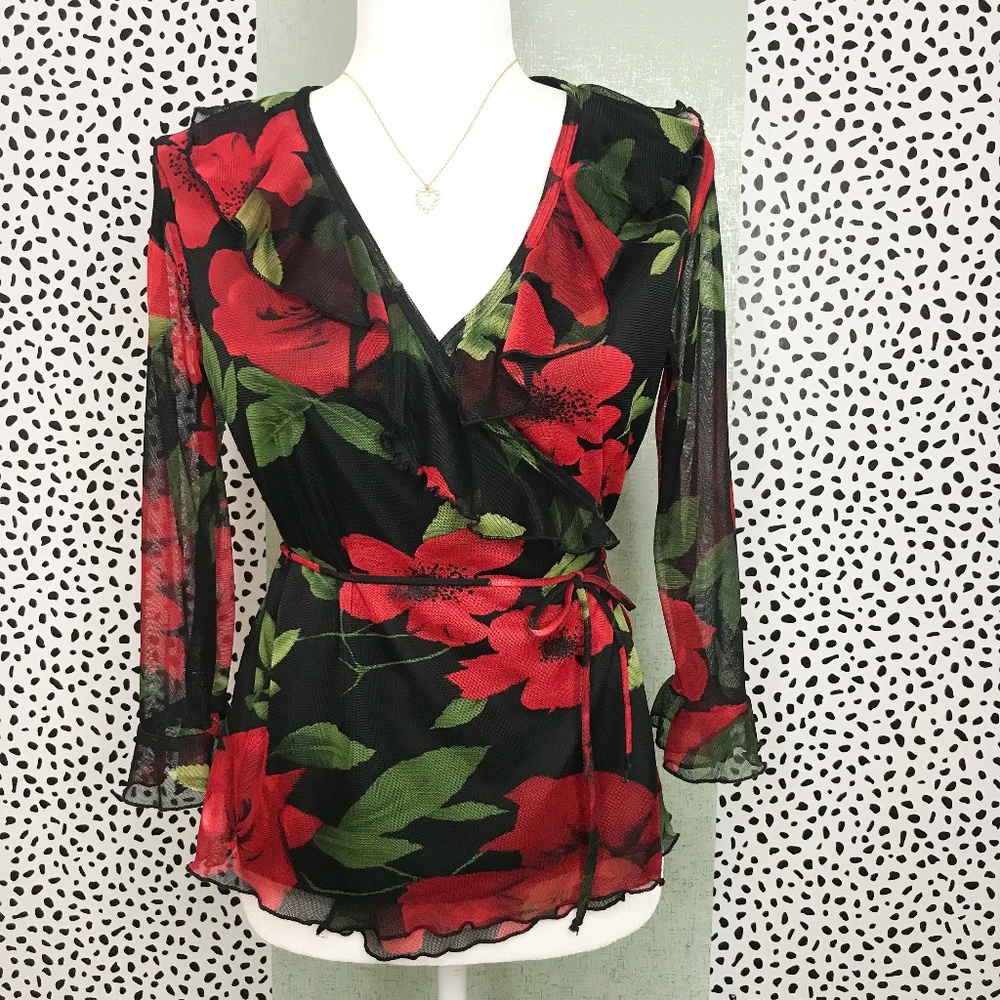Black and Red Floral Mesh Ruffle Wrap Top